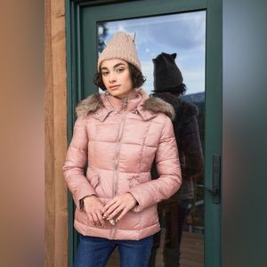 Mauve Long Sleeve Faux Fur Hood Water Resistant Finish Jacket